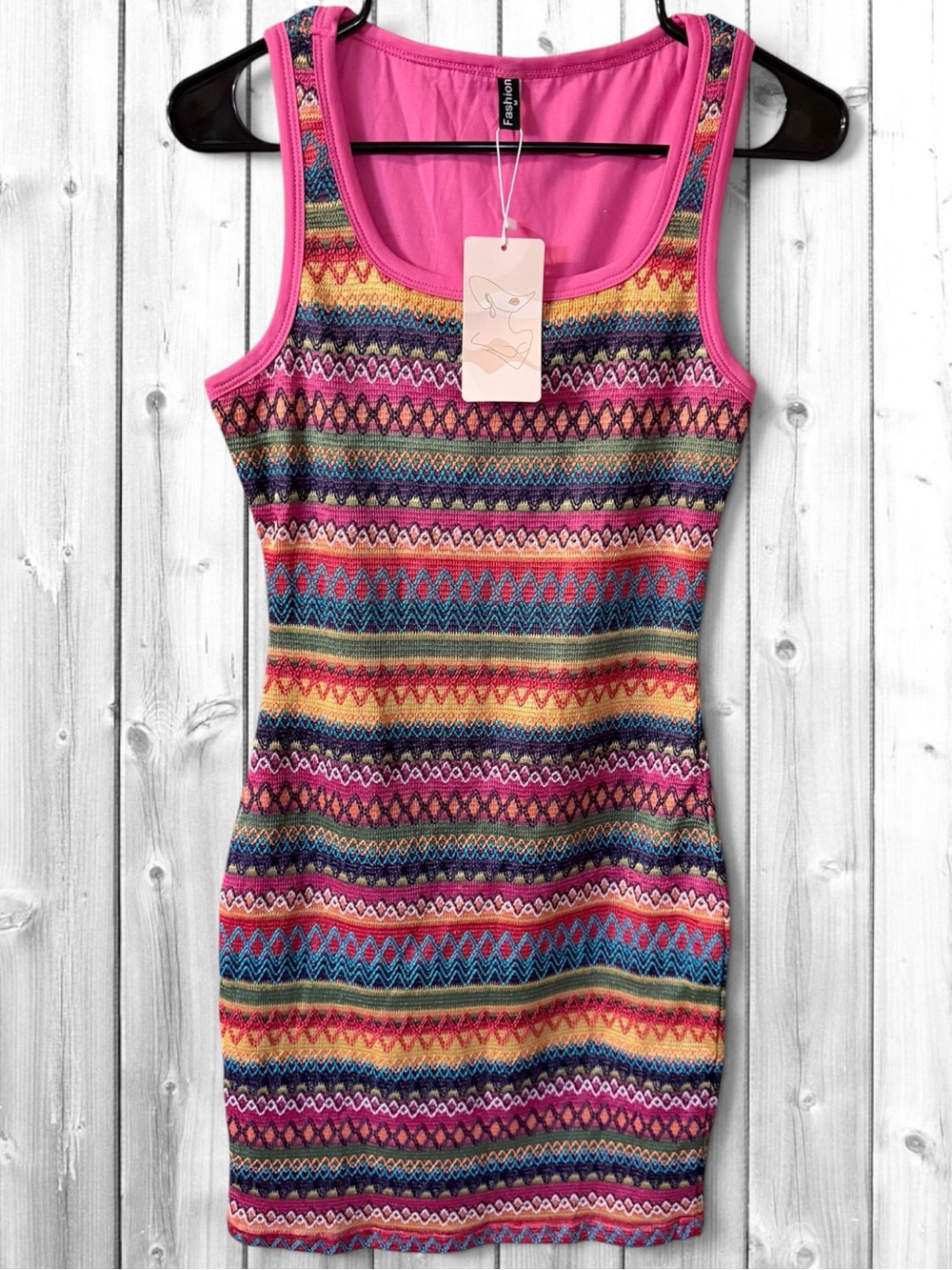 Fashion Multicolor Striped Knit Tank Mini Dress with Pink Trim